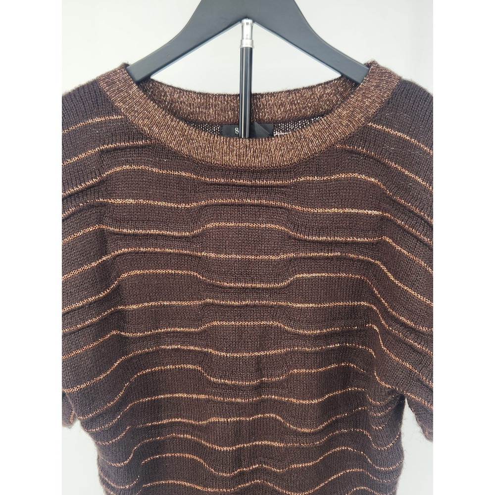 Style & Co Womens Brown Metallic Striped Short Sleeve Sweater Crew Neck Small - Picture 2 of 9